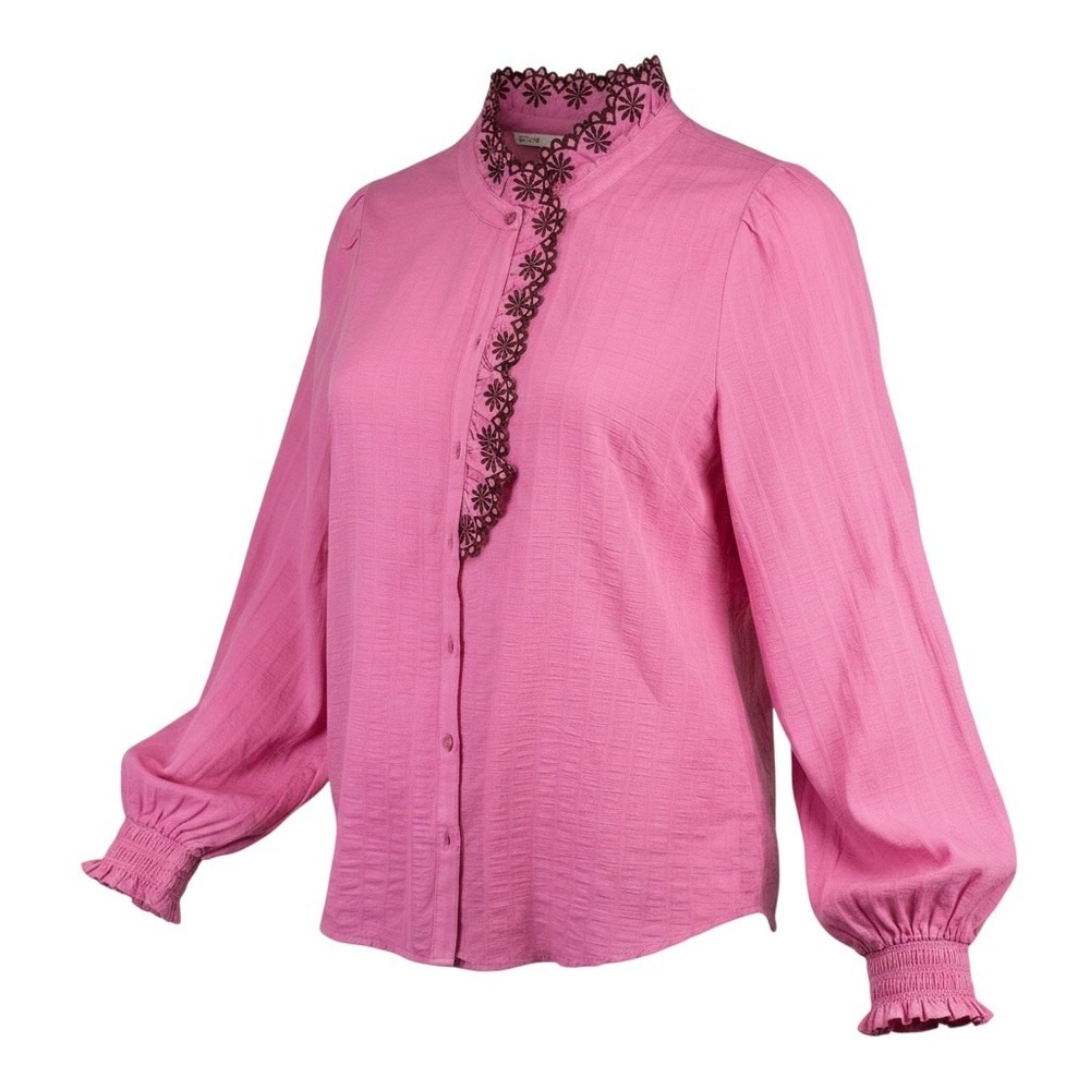 Talbots Pink Cotton Embroidered Eyelet Collar Blouse XL Long Sleeve Smocked Cuff - Picture 2 of 8